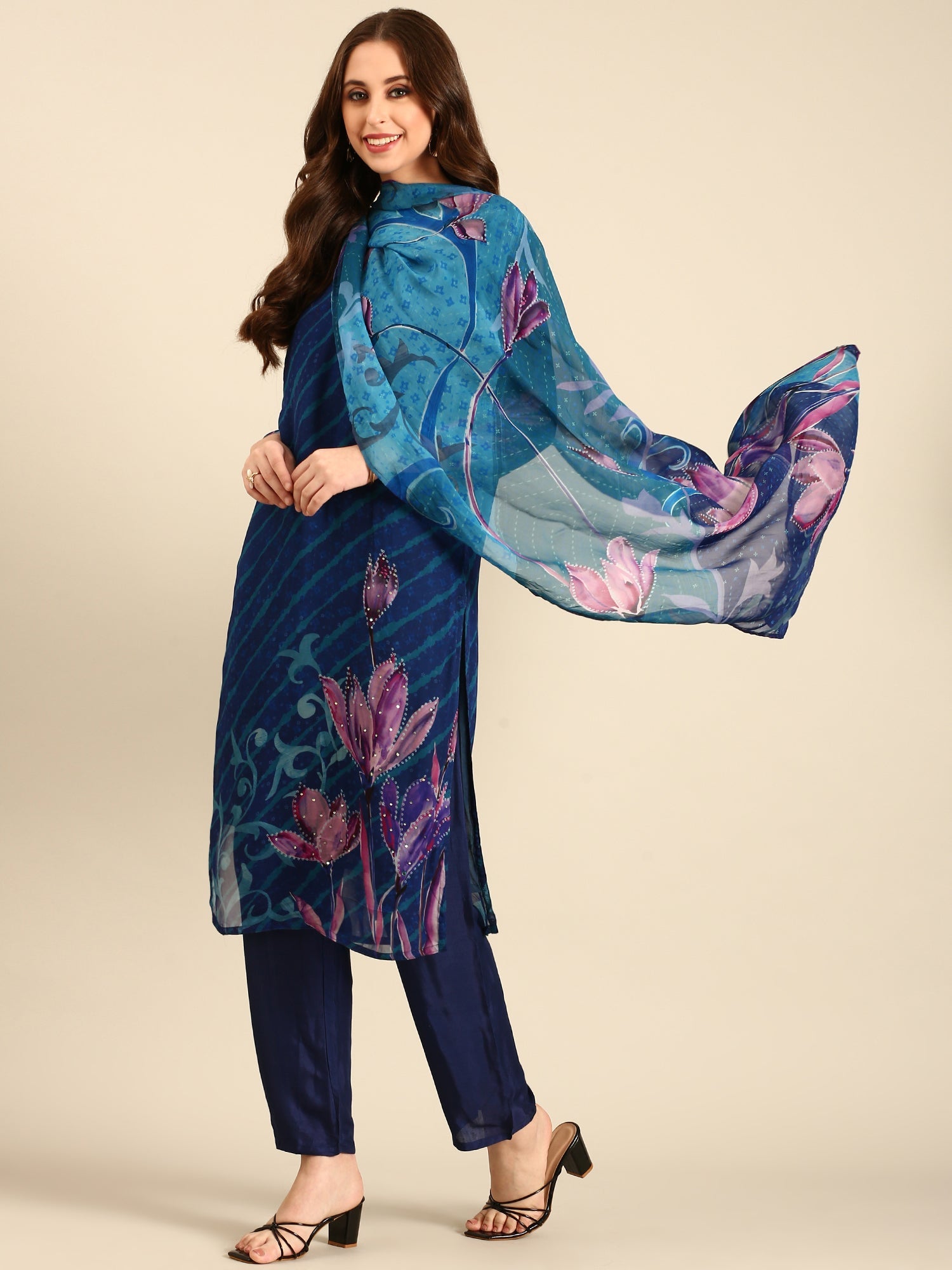 Midnight blue leheriya printed georgette three piece embroidered suit set