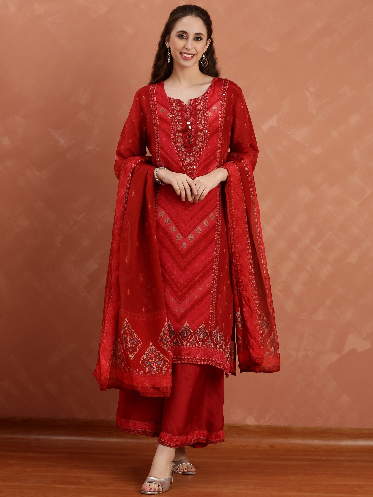 Maroon Crepe Printed Three Piece Suit Set