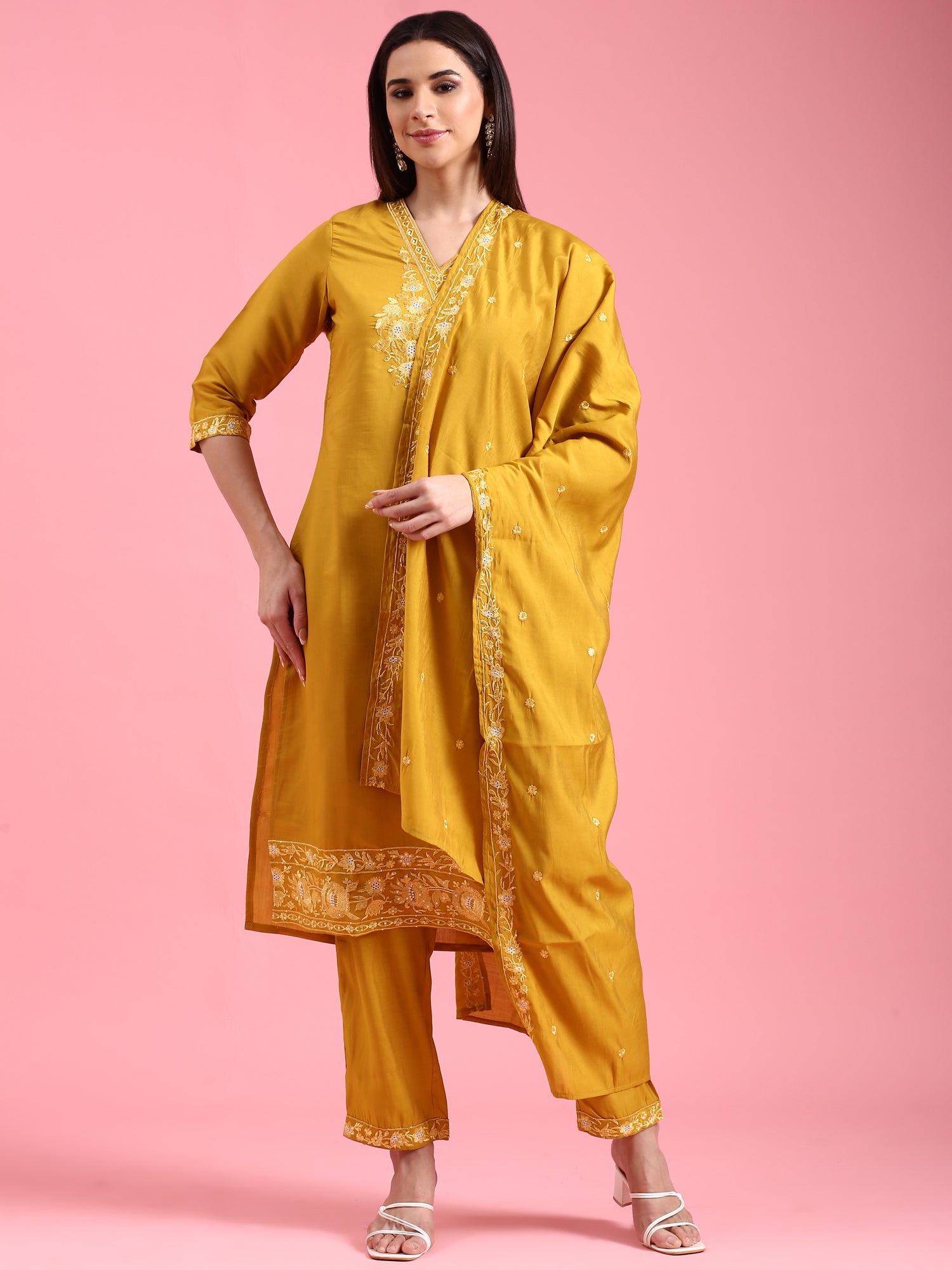 Mustard Modal Silk Embroidery Three Piece Suit Set