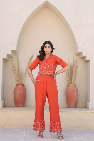 Embroidered Linen Coord Set Orange