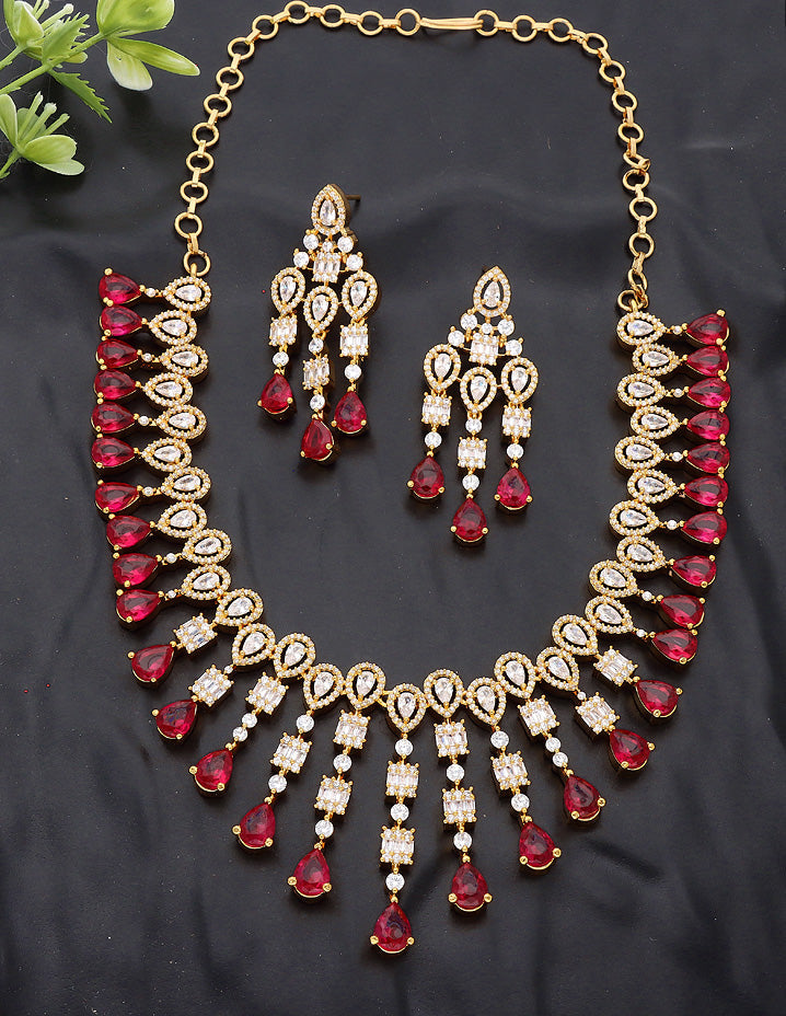 Designer Gold Plated Zirconia Ruby Necklace Set