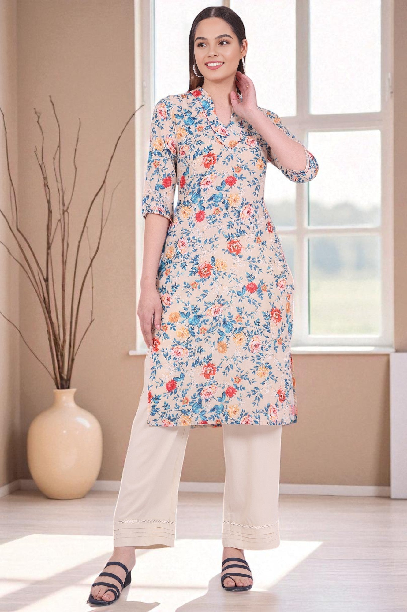 Beige Floral Printed Straight Kurta