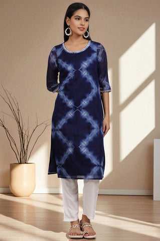 Blue Tie and Dye Kota Straight Kurta with Thread Embroidery