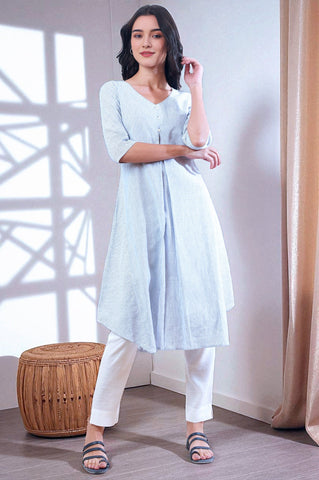 Blue Yarn Dyed A-Line Cotton Blend Kurta