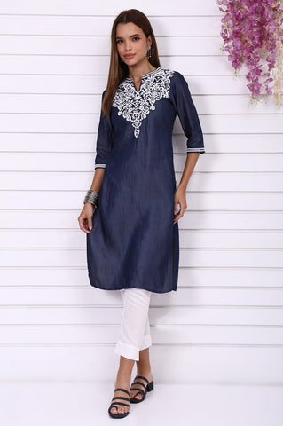 Blue Yarn Dyed Embroidered Yoke Straight Kurta