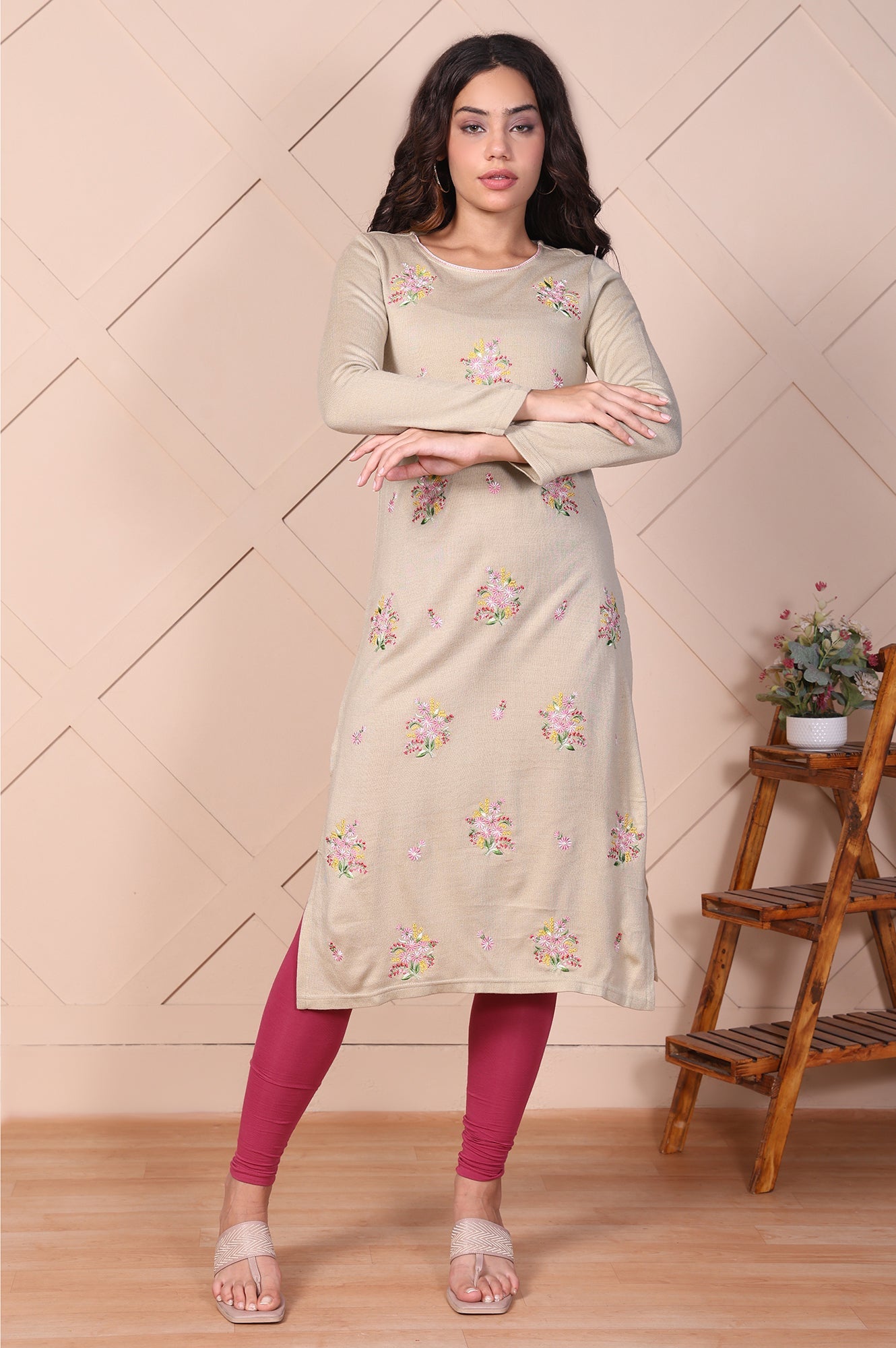 Beige Floral Embroidered Straight Acrylic Kurta