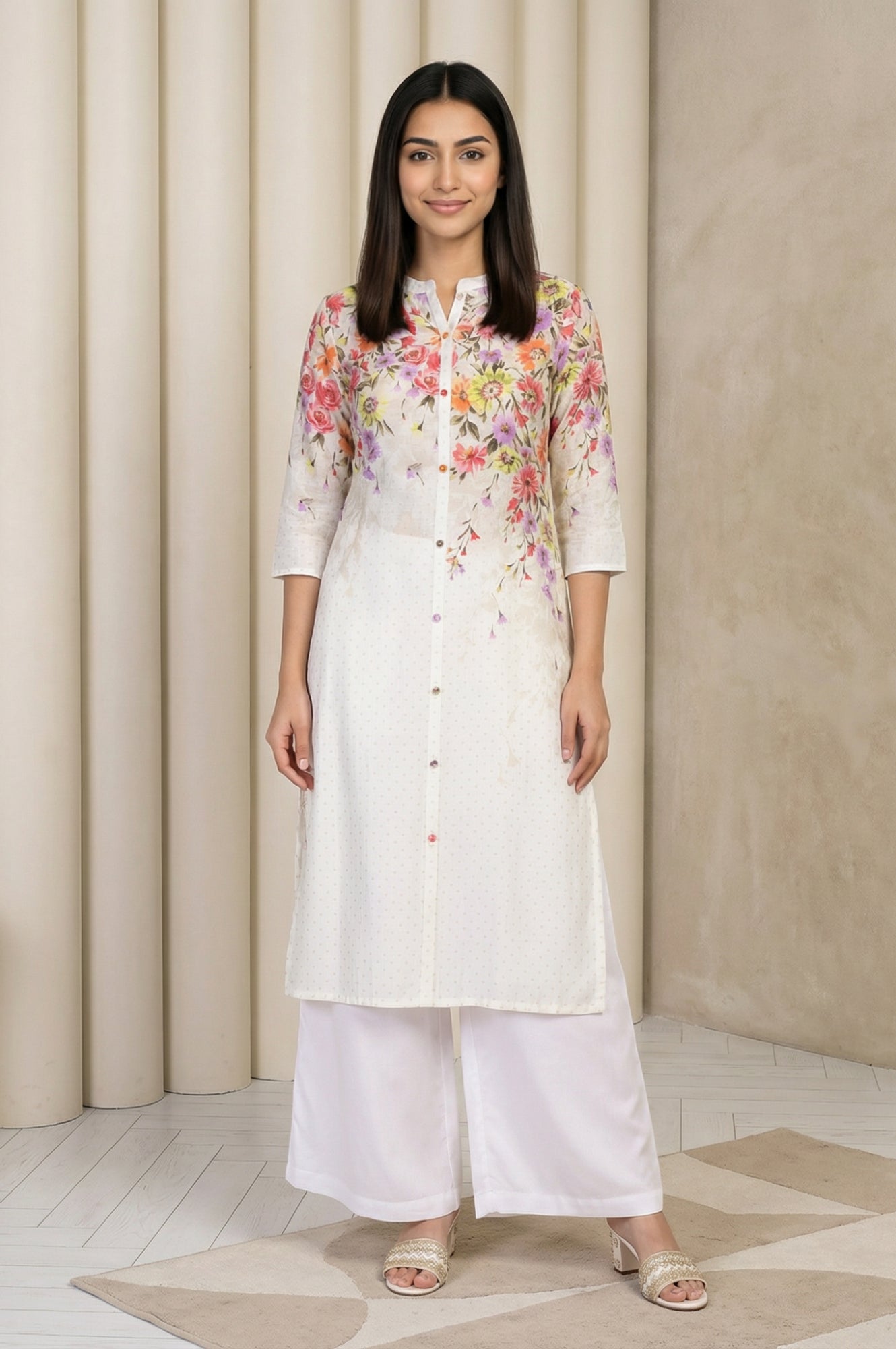 Off-White Floral Printed Straight Kurta
