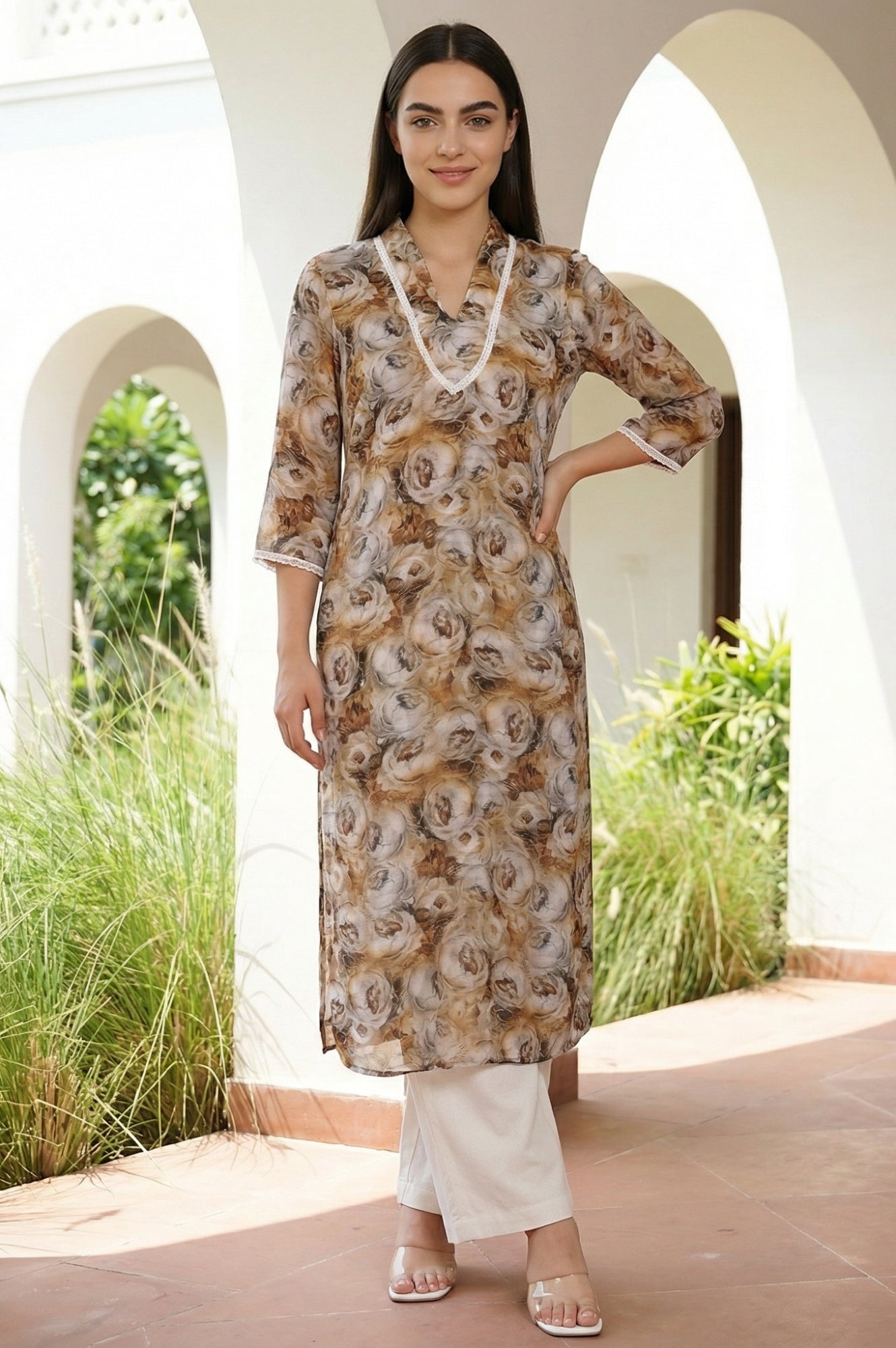 Beige Floral Printed Lace Straight Kurta