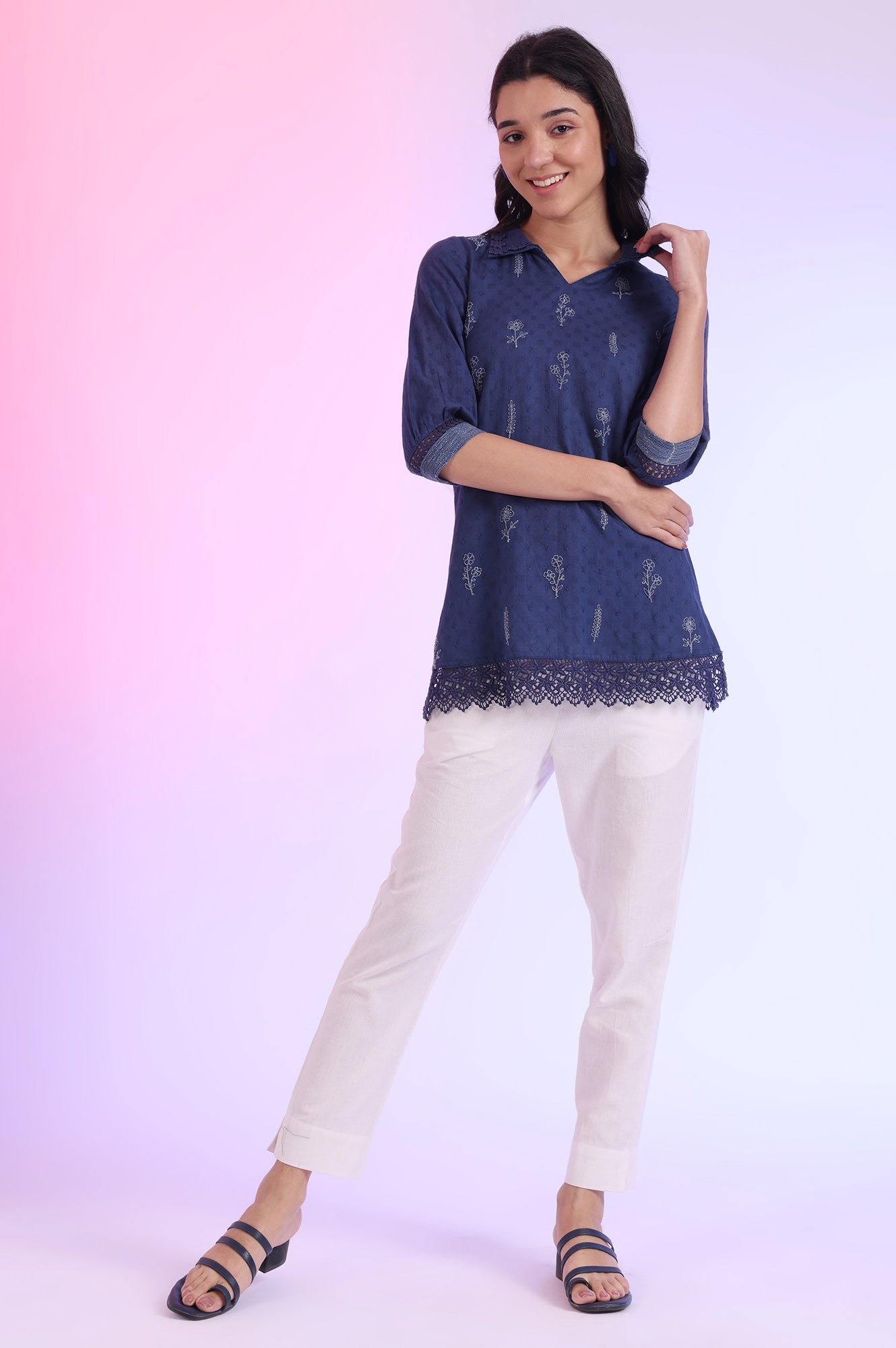 Blue Solid Straight Pure Cotton Kurti