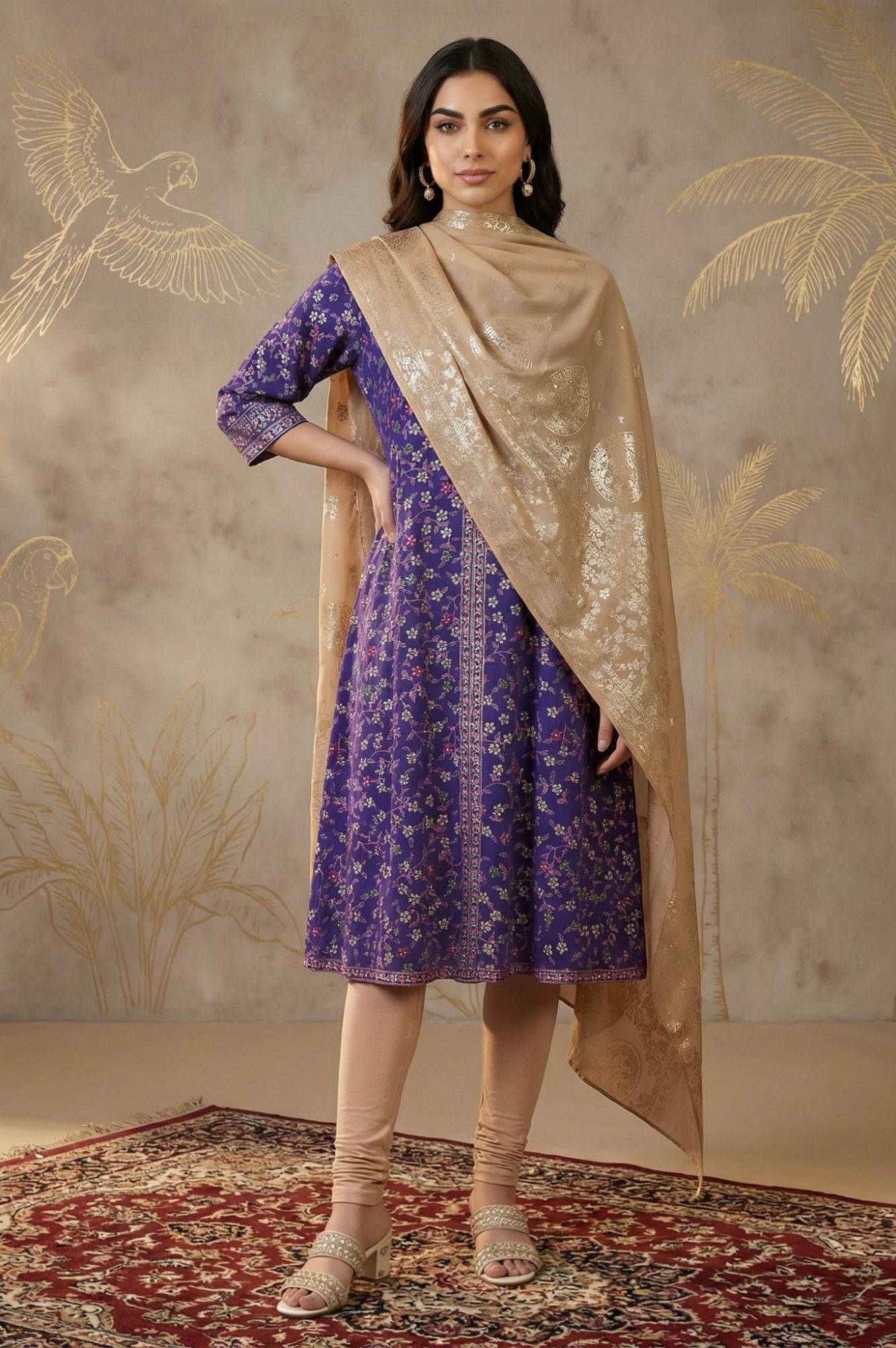 Gold Floral Foil Printed Georgette Dupatta
