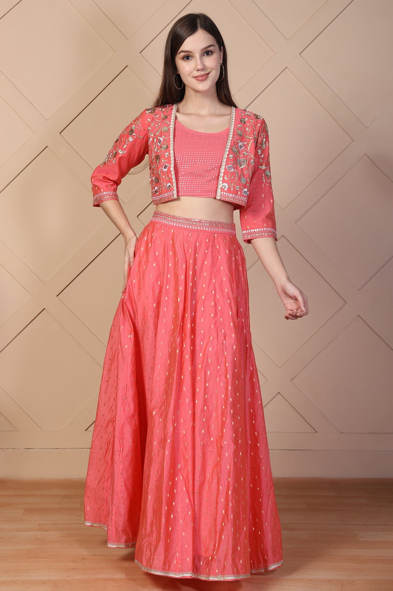 Coral Sequined Crop Top with Flared Skirt and Embroidered Short Jacket Set