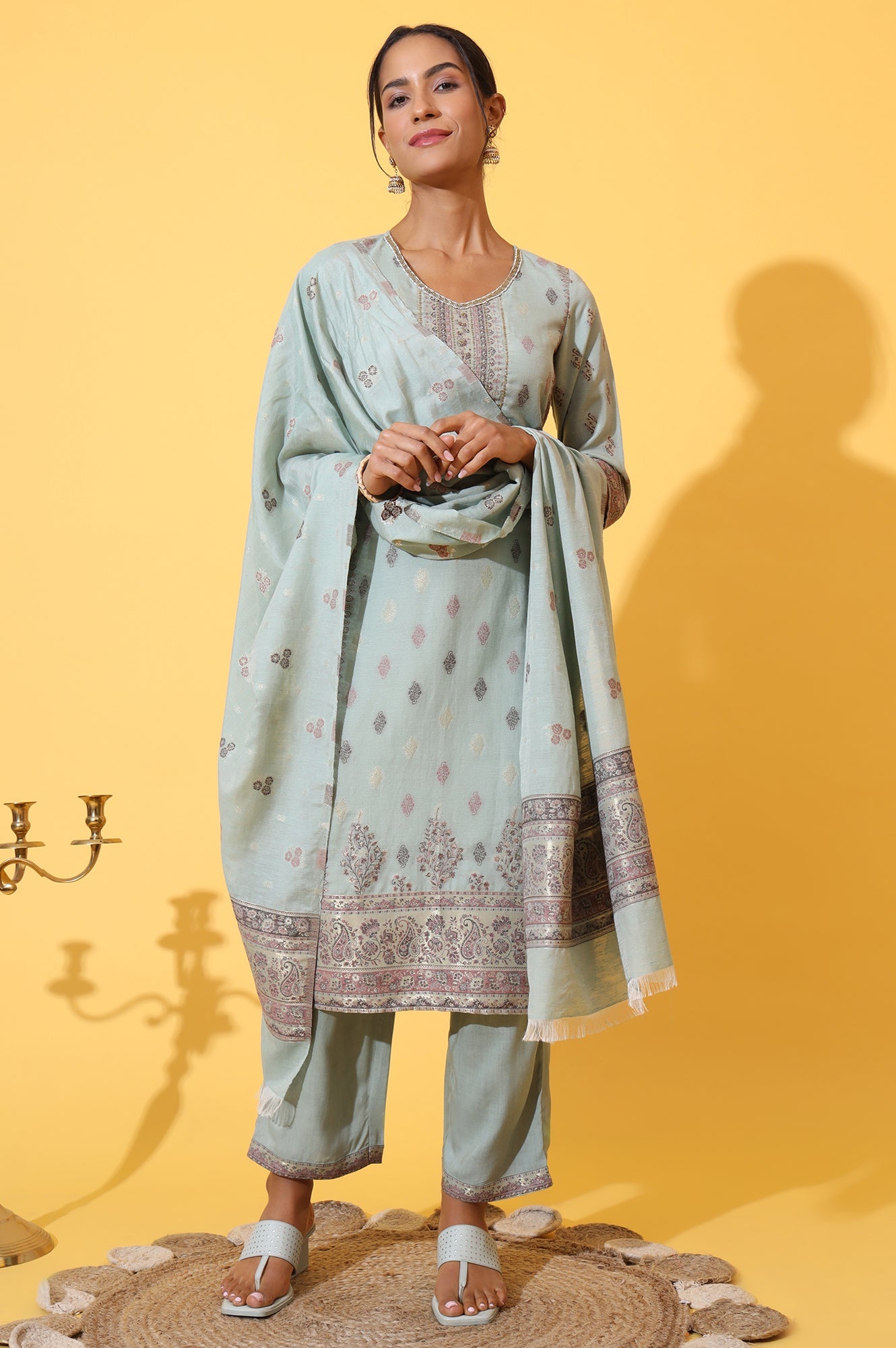 Aqua Green Jacquard Embroidered Straight Kurta, Palazzo and Dupatta Set