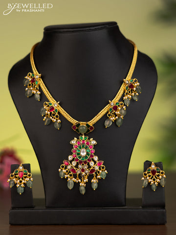 Antique attigai necklace with jadau kundan stones and natural beads & pearl hangings