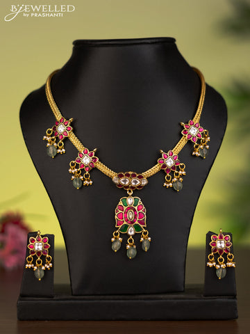 Antique attigai necklace with jadau kundan stones and natural beads & pearl hangings