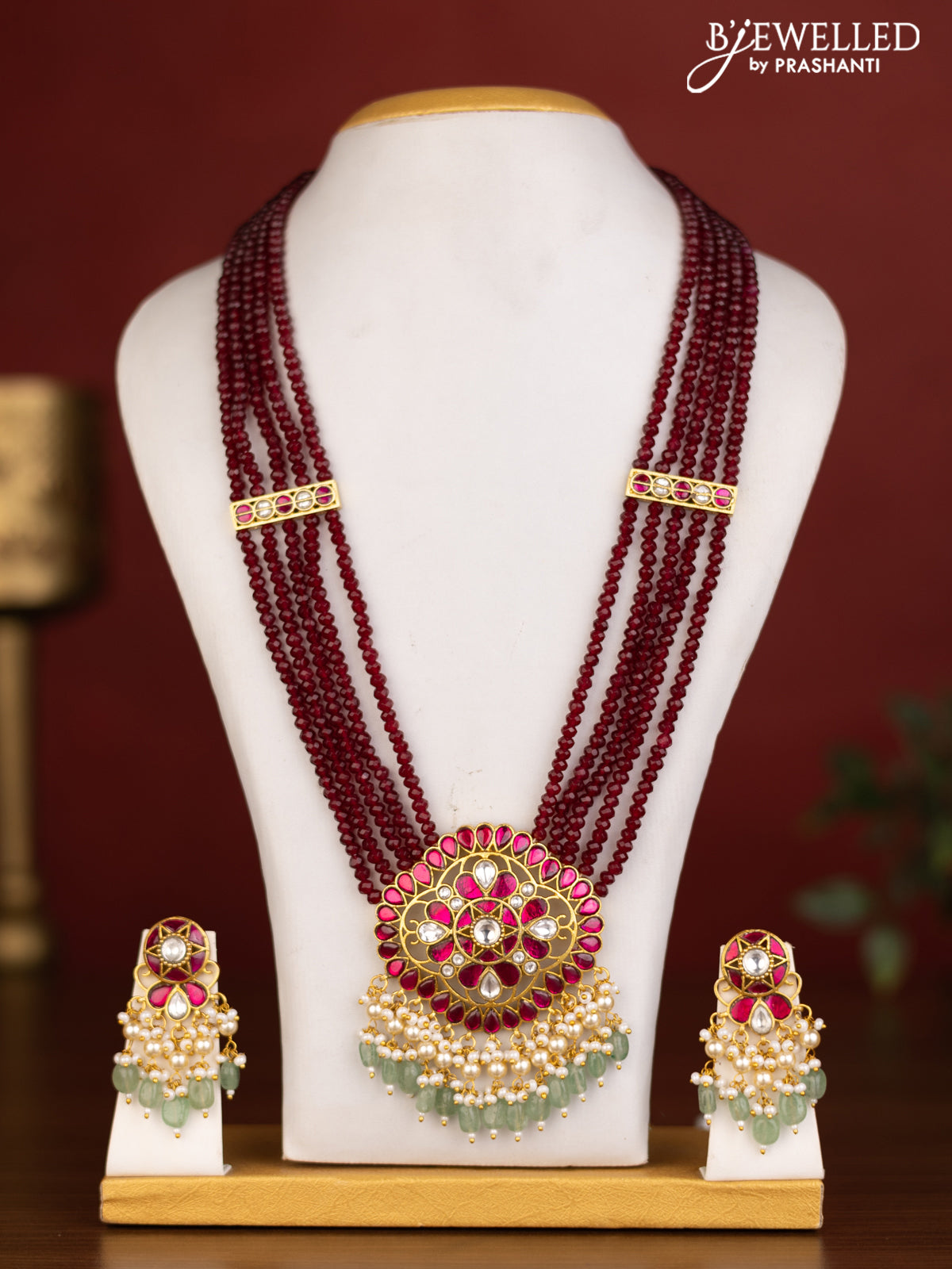 Beaded multilayer maroon haaram with pink jadau kundan stones and natural beads & pearl hangings