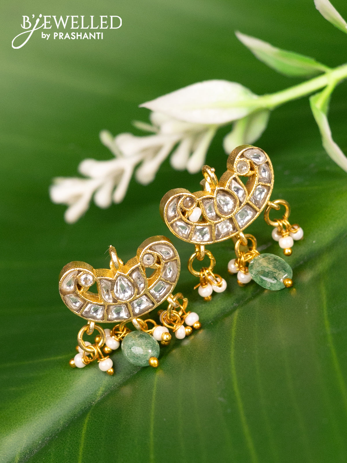 Bugadi earrings lotus design with kundan stones and pearl & beads hanging