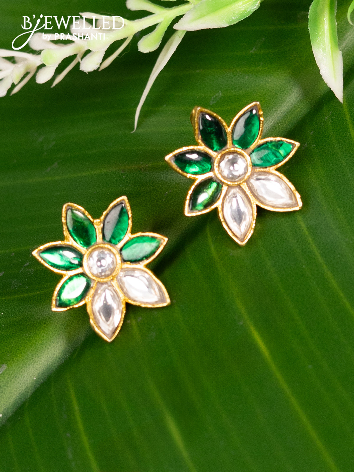 Bugadi earrings floral design with green jadau kundan stones