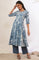 Blue Printed Flarred Kurta with Palazzo & Dupatta Set