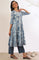 Blue Printed Flarred Kurta with Palazzo & Dupatta Set