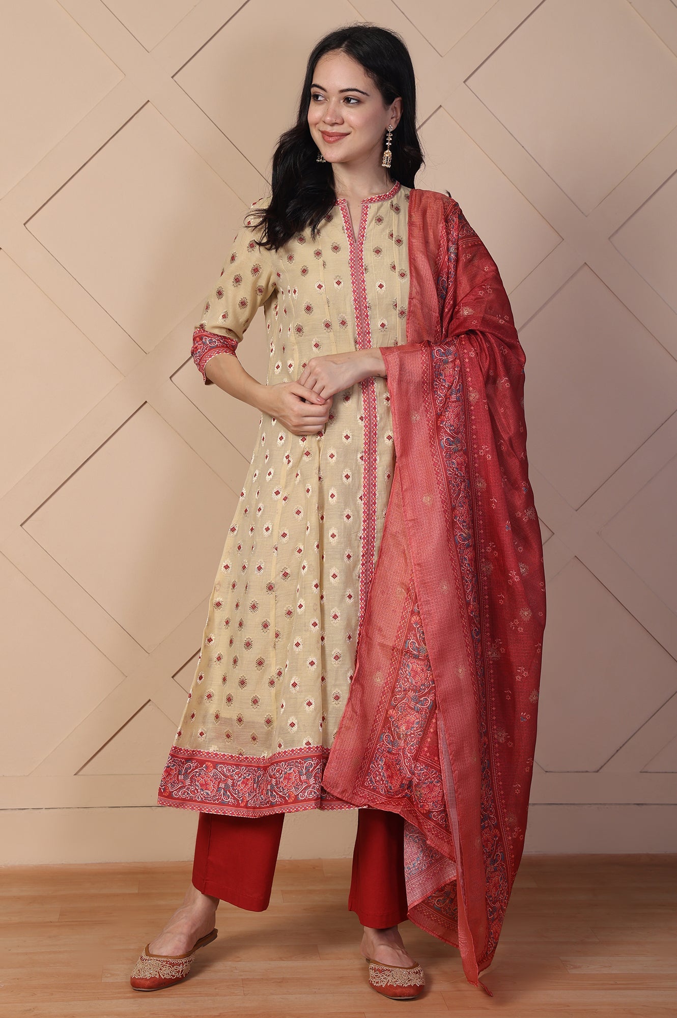 Beige Jacquard A-Line Kurta with Palazzo and Dupatta Set