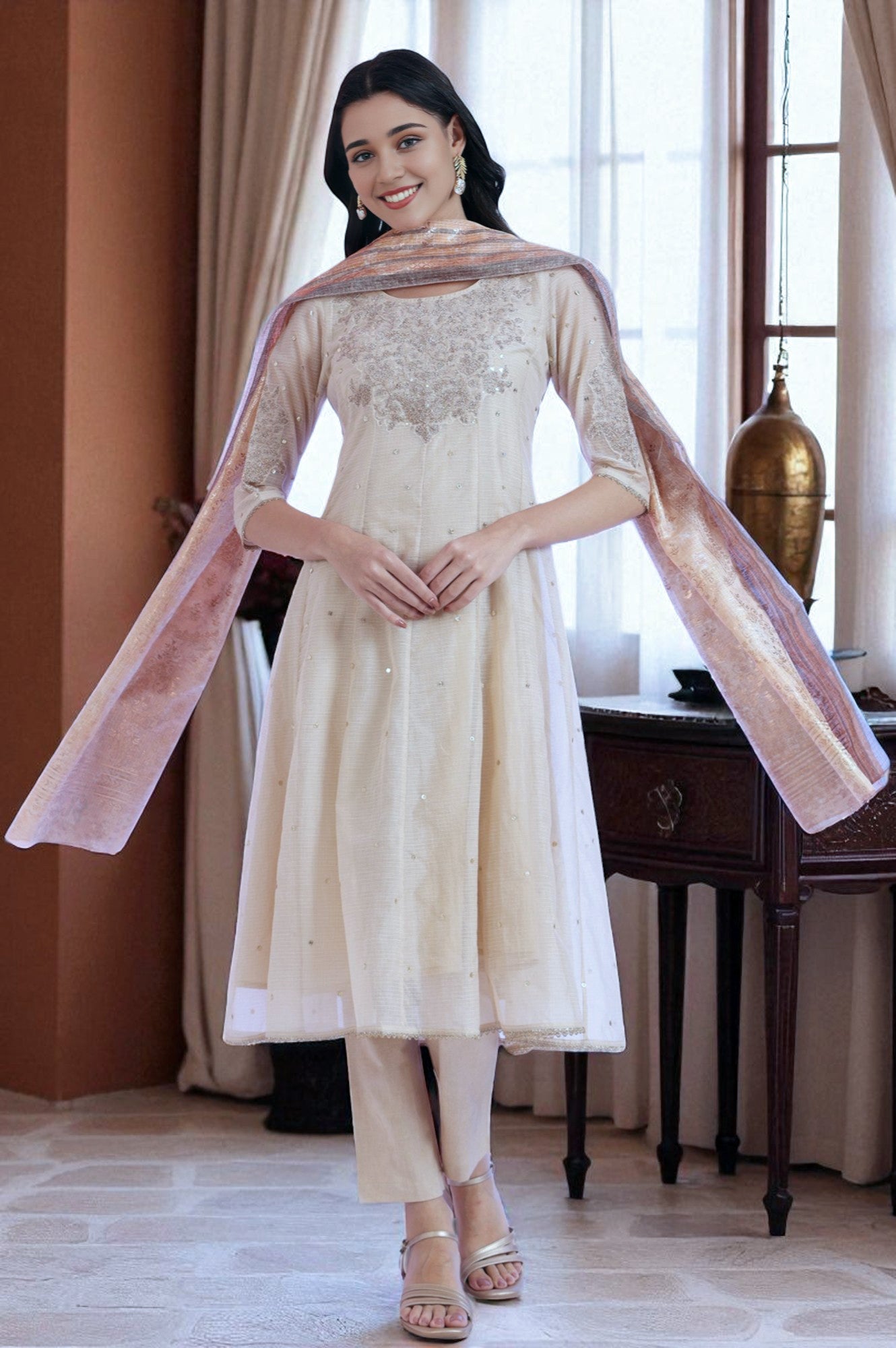 Brown Embroidered Anarkali with Trousers & Dupatta Set