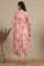 Apricot Pink Floral Printed Sheer Anarkali Kurta, Leggings and Dupatta Set