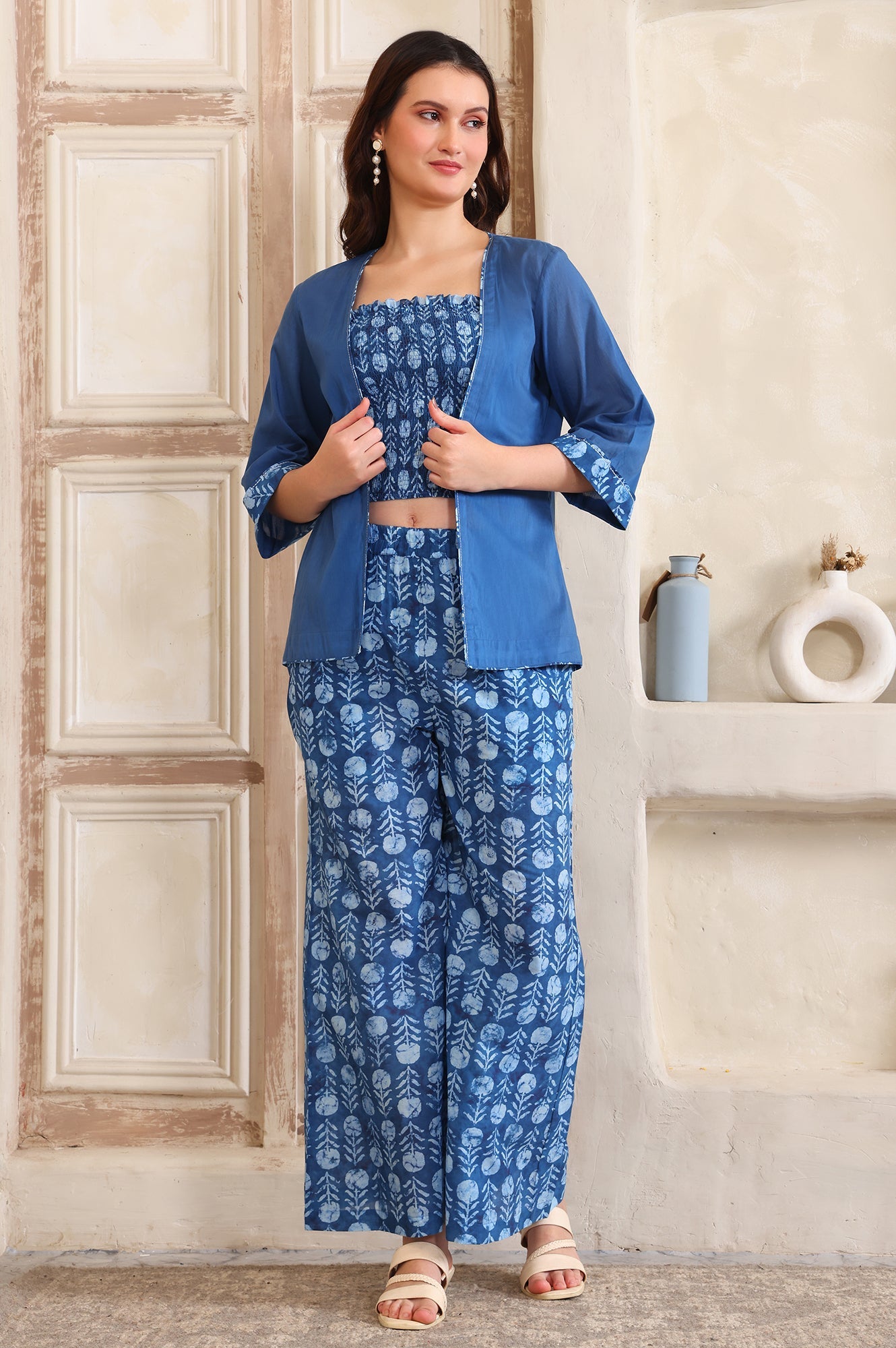 Blue Printed Thread Embroidered Straight Cotton Spaghetti Top, Jacket and Palazzo Set