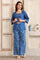 Blue Printed Thread Embroidered Straight Cotton Spaghetti Top, Jacket and Palazzo Set