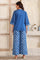 Blue Printed Thread Embroidered Straight Cotton Spaghetti Top, Jacket and Palazzo Set