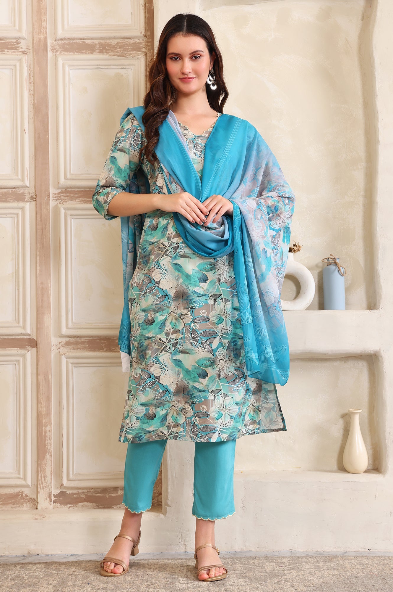Blue Digital Printed Thread Embroidered Straight Modal Kurta, Palazzo and Dupatta Set