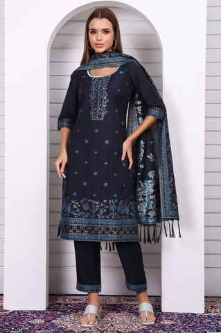 Blue Ethnic Motifs Printed Hand Work Jacquard Straight Kurta, Palazzo and Dupatta Set