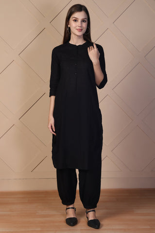 Black Solid Textured Cotton Straight Kurta and Salwar Co-ord Set