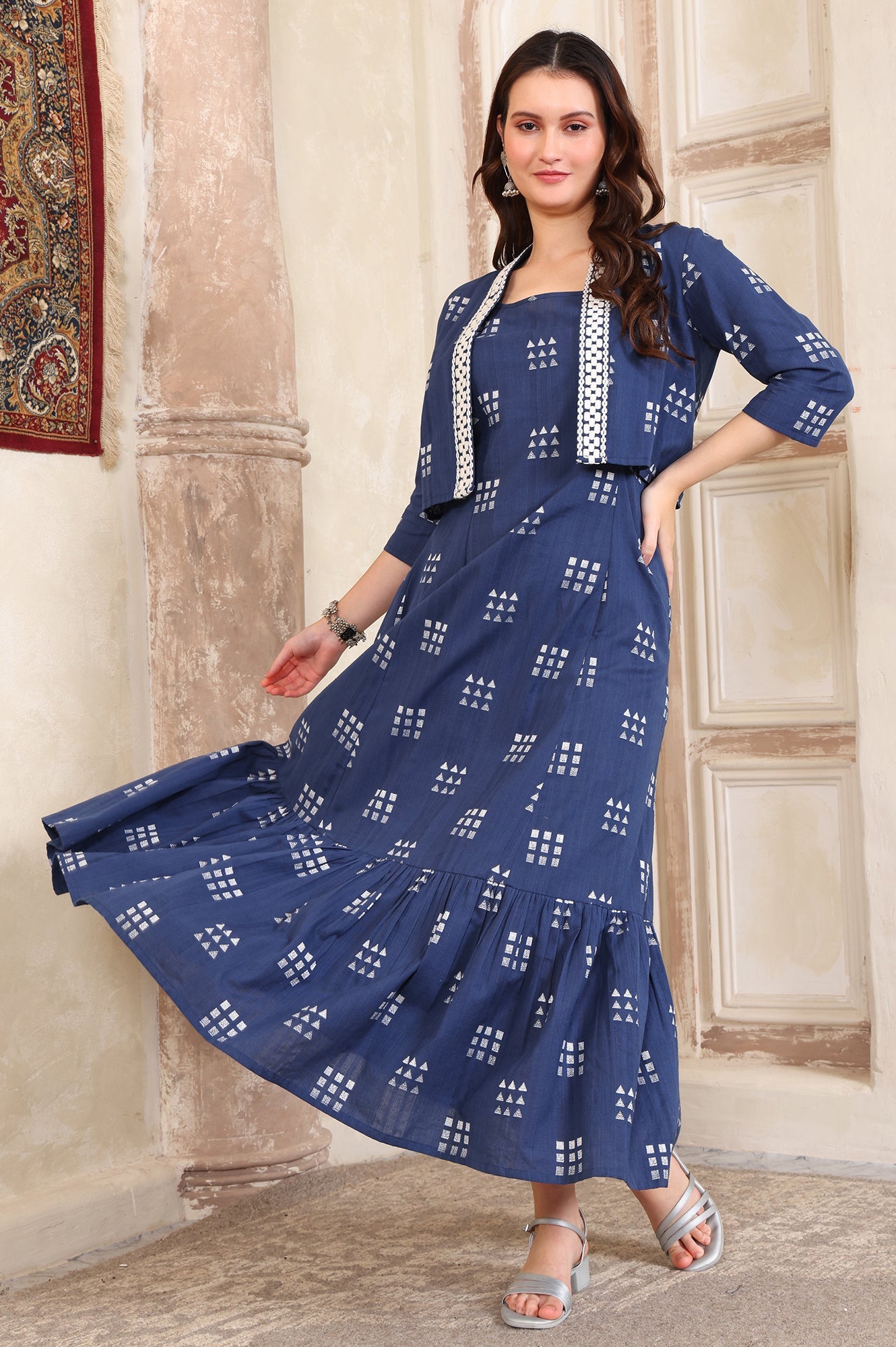 Blue Dyed Thread Embroidered Flared Cotton Blend Dress and Jacket Set