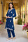 Blue Solid Embroidered Thread Work Straight Velvet Kurta with Trouser