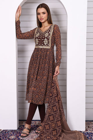 Brown Geometric Printed Zari Embroidered Georgette A-line Kurta, Leggings and Dupatta Set