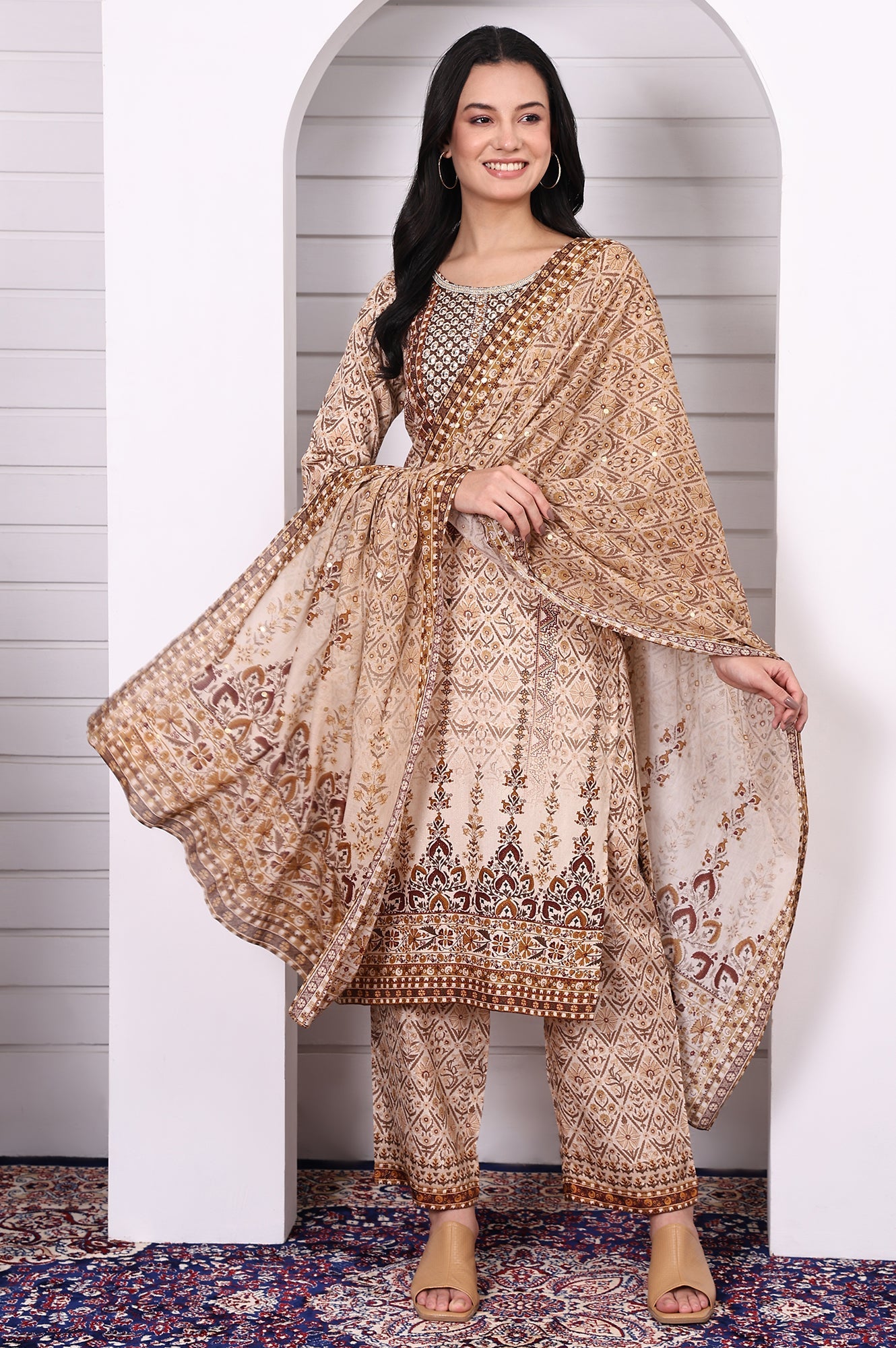 Beige Abstract Printed Beaded Cotton Straight Kurta, Palazzo and Dupatta Set