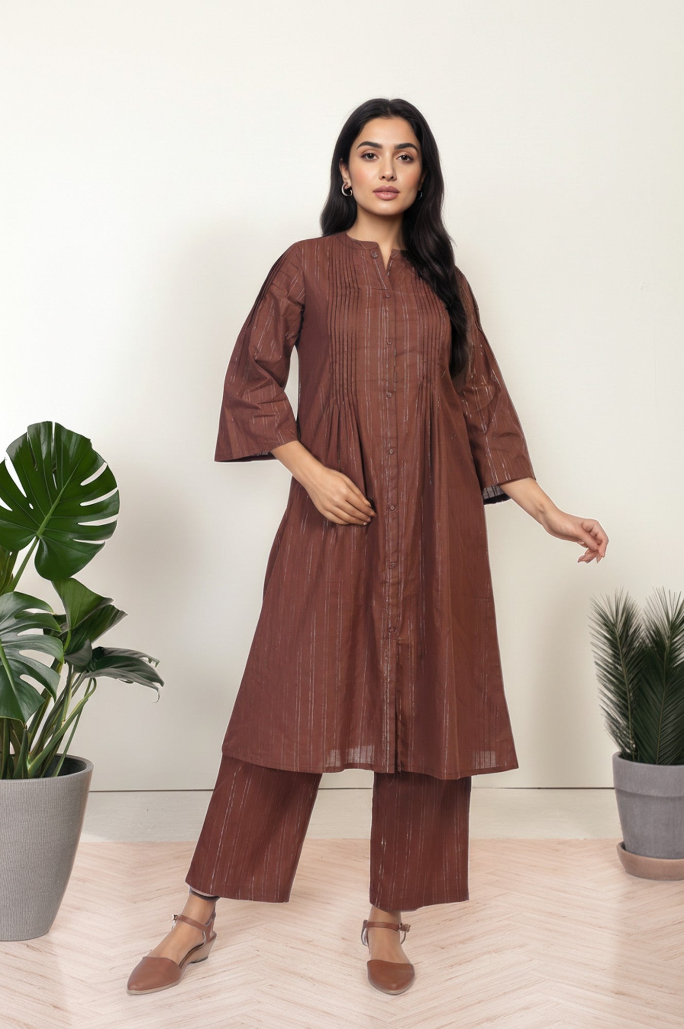 Brown Striped A-Line Cotton Kurta with Palazzo Set