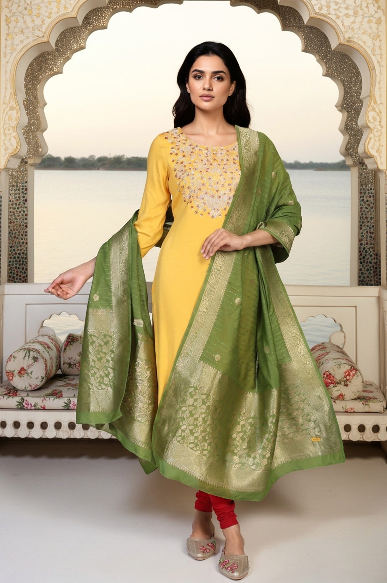 Beige Jacquard Floral Print Zari Work Straight Dupatta