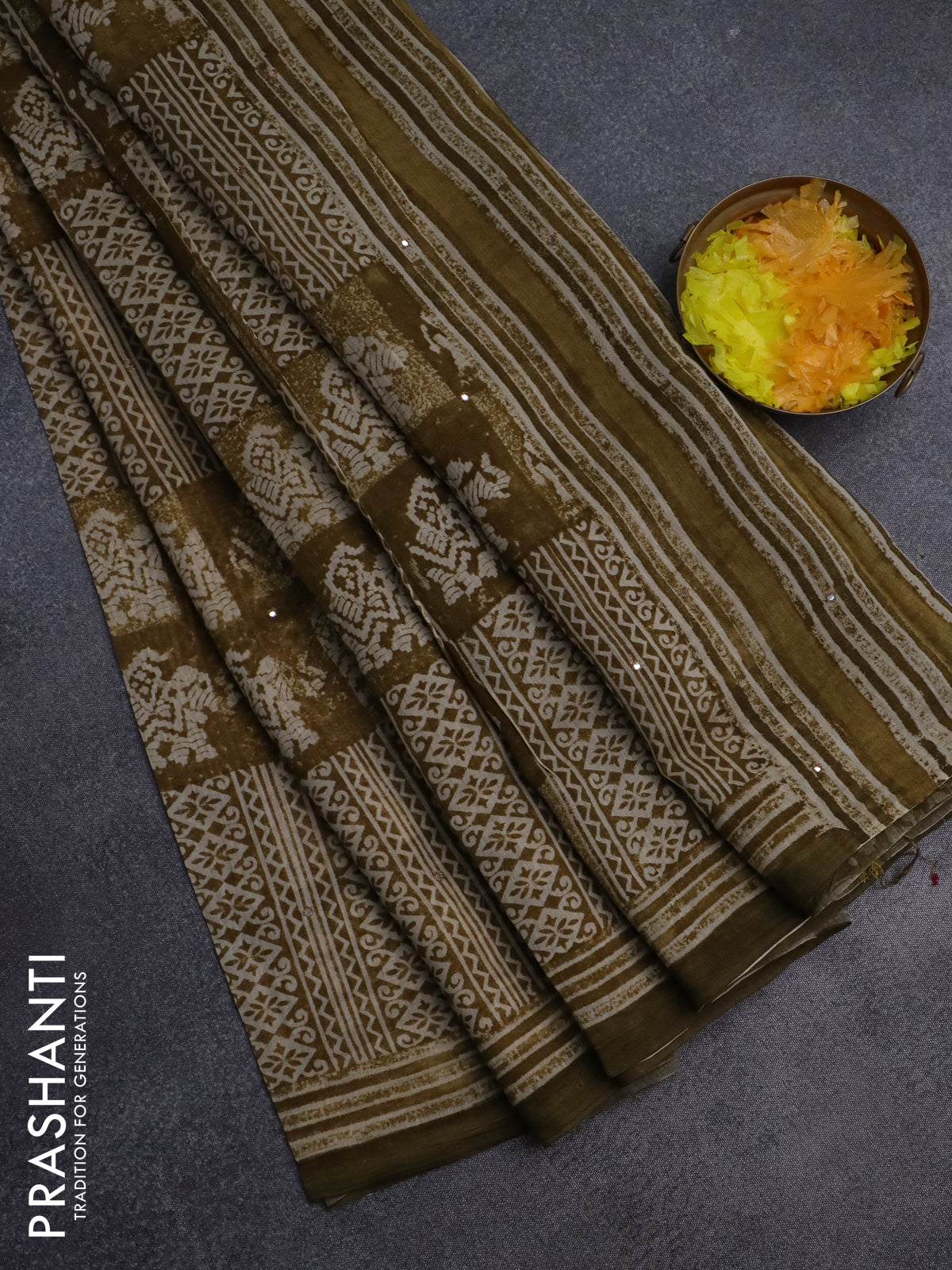 Chanderi silk cotton saree mehendi green and beige with allover prints & mirror work and printed border