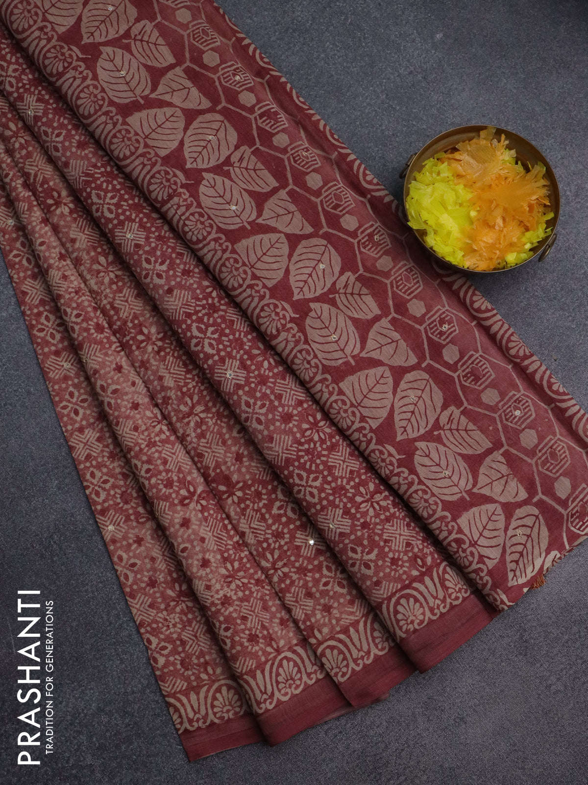 Chanderi silk cotton saree pastel maroon and beige with allover prints & mirror work and printed border