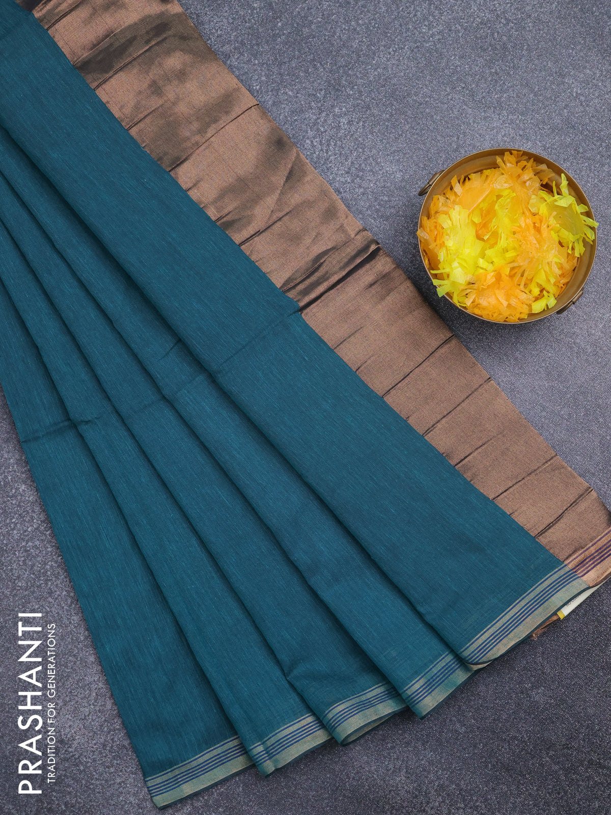Bengal soft cotton saree teal green shade with plain body and zari woven piping border