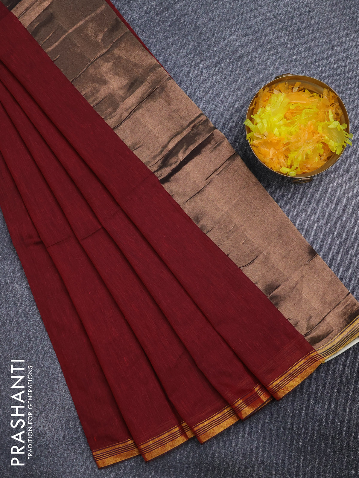 Bengal soft cotton saree maroon with plain body and zari woven piping border
