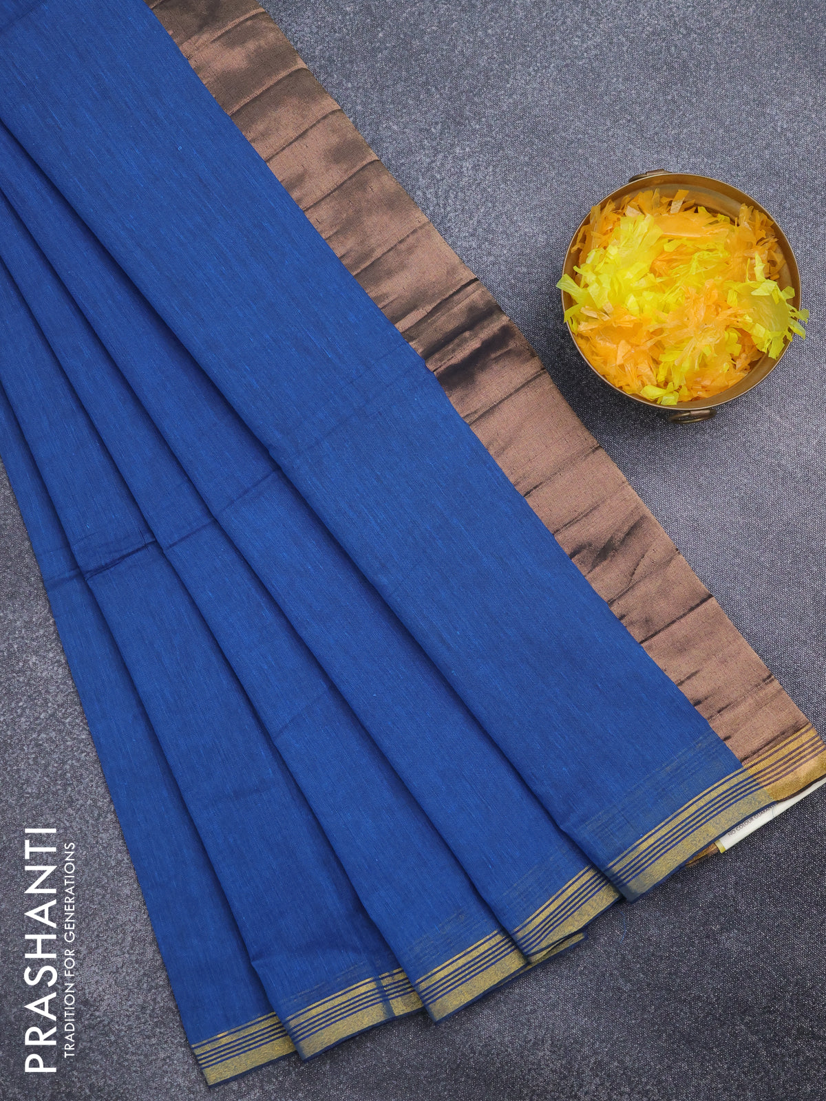 Bengal soft cotton saree cs blue with plain body and zari woven piping border
