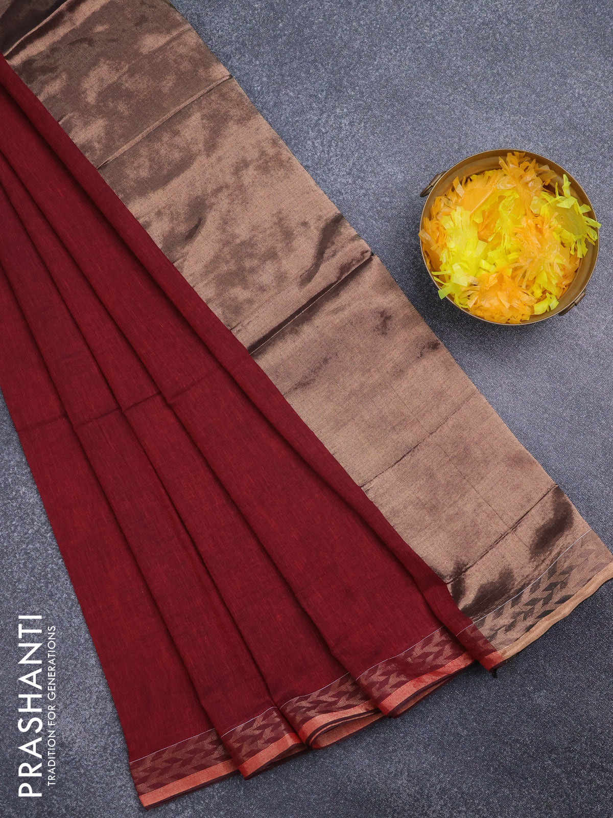 Bengal soft cotton saree maroon with plain body and zari woven border