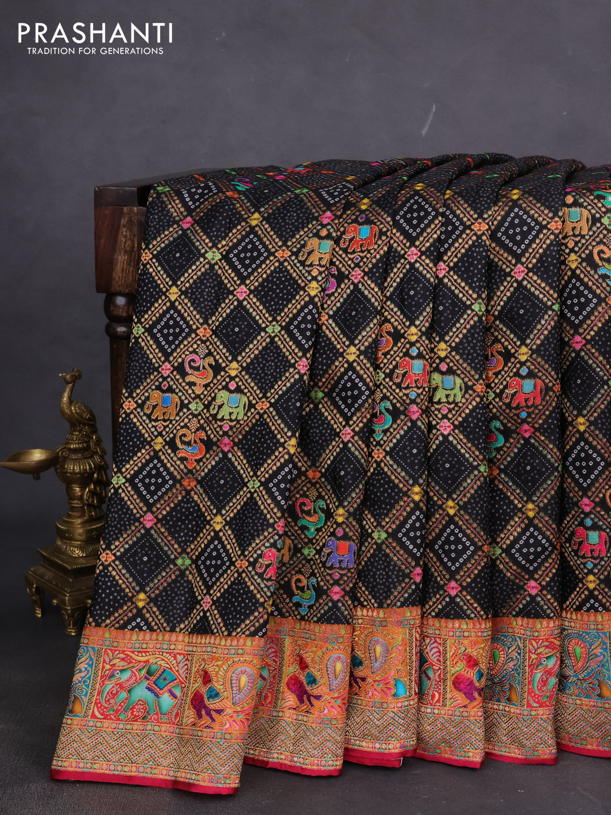 Banarasi silk saree black and maroon with allover position prints and printed border