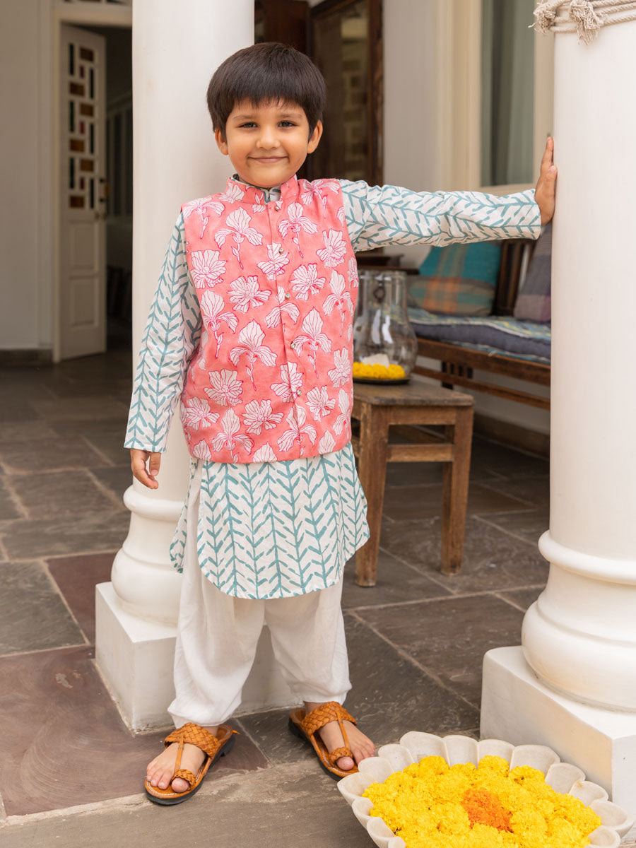 Set of 3 - Anant Organic Cotton Block Printed Long Kurta with Jacket