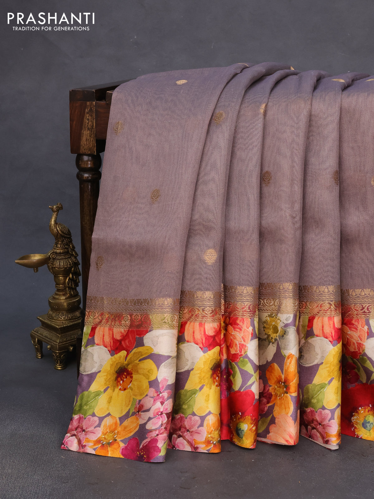 Banarasi tussar silk saree pastel brown with zari woven buttas and zari woven floral digital printed border