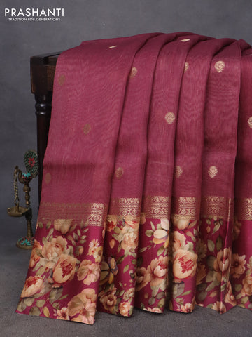 Banarasi tussar silk saree maroon and magenta pink with zari woven buttas and zari woven floral digital printed border