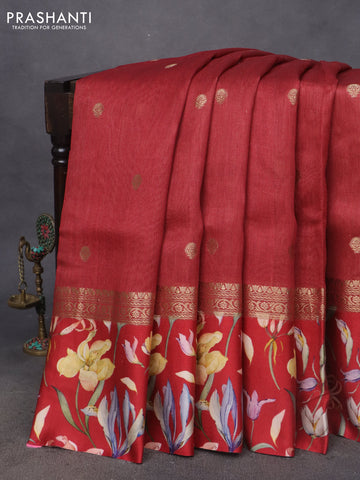 Banarasi tussar silk saree maroon and red with zari woven buttas and zari woven floral digital printed border