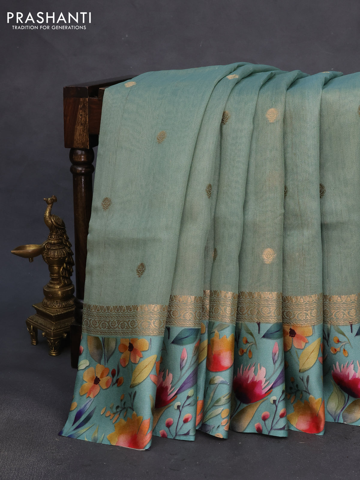 Banarasi tussar silk saree pastel green with zari woven buttas and zari woven floral digital printed border